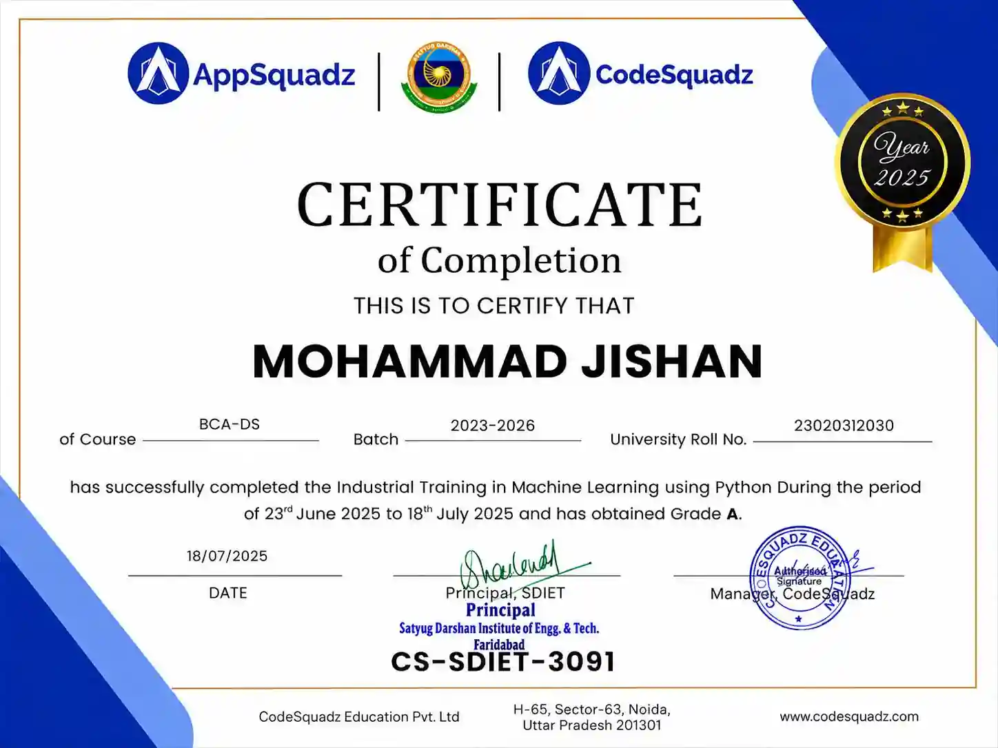Industrial Training in Machine Learning using Python (Grade A)