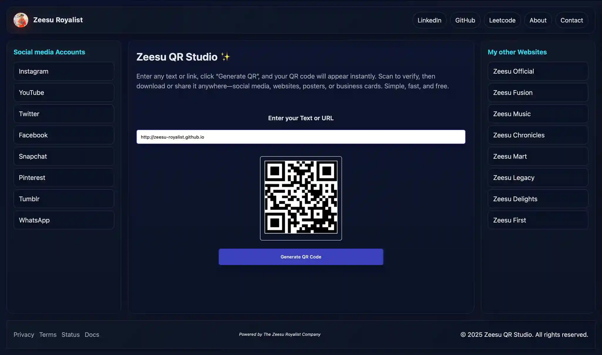 Zeesu QR Studio — Instant QR Code Generator